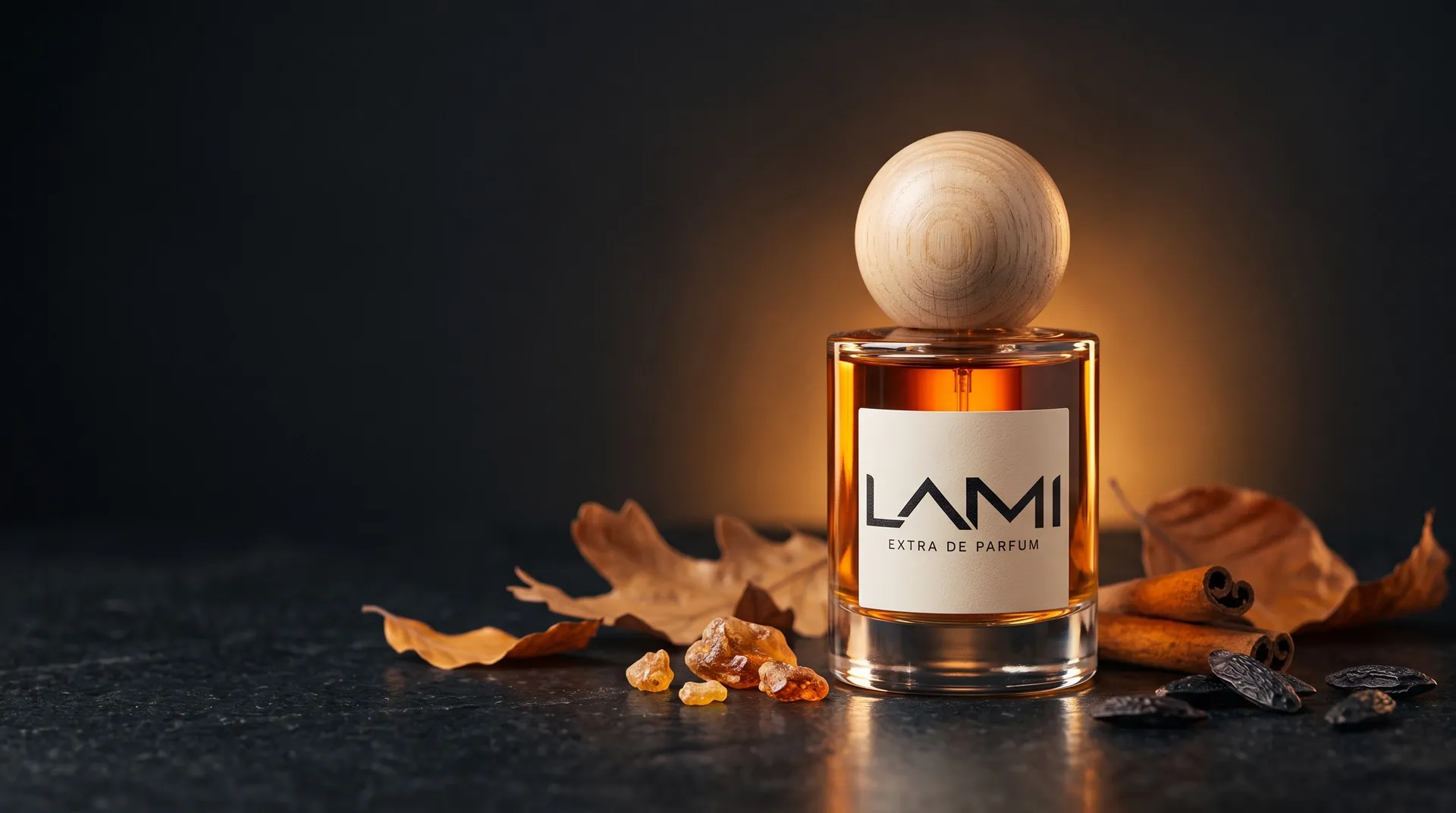 LAMI Extra de Parfum im Flakon mit Holzkappe, umgeben von Herbstlaub und Gewürzen.
