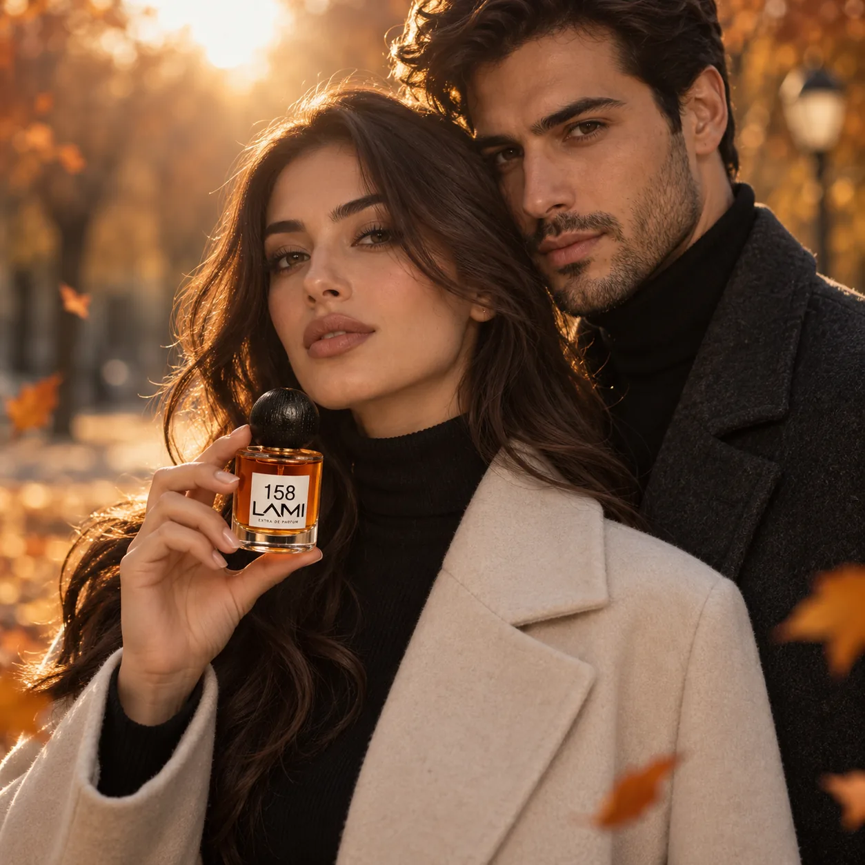 Paar im Herbstlicht, sie hält den Flakon von N° 158 LAMI Rouge in der Hand.